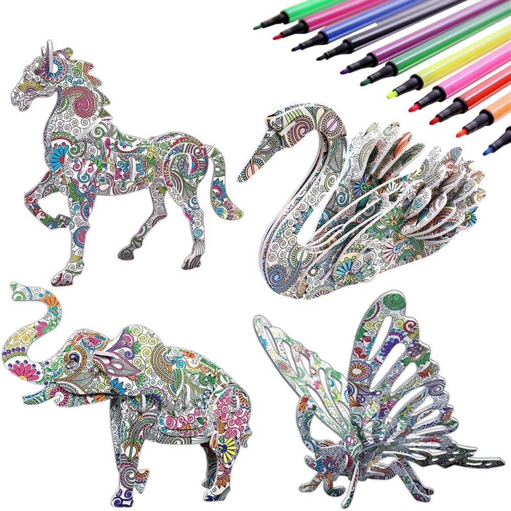 3D Coloring Puzzle Set,4 Animals Puzzles with 12 Pen Markers, Art Coloring